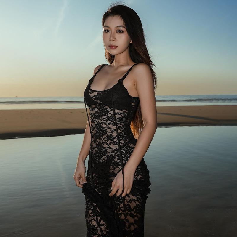 

Summer Lace Dress For Women Bodycon Sexy See Through Long Dress Sheer Strap Dress Party Club Outfits Y2K Styles L чёрный