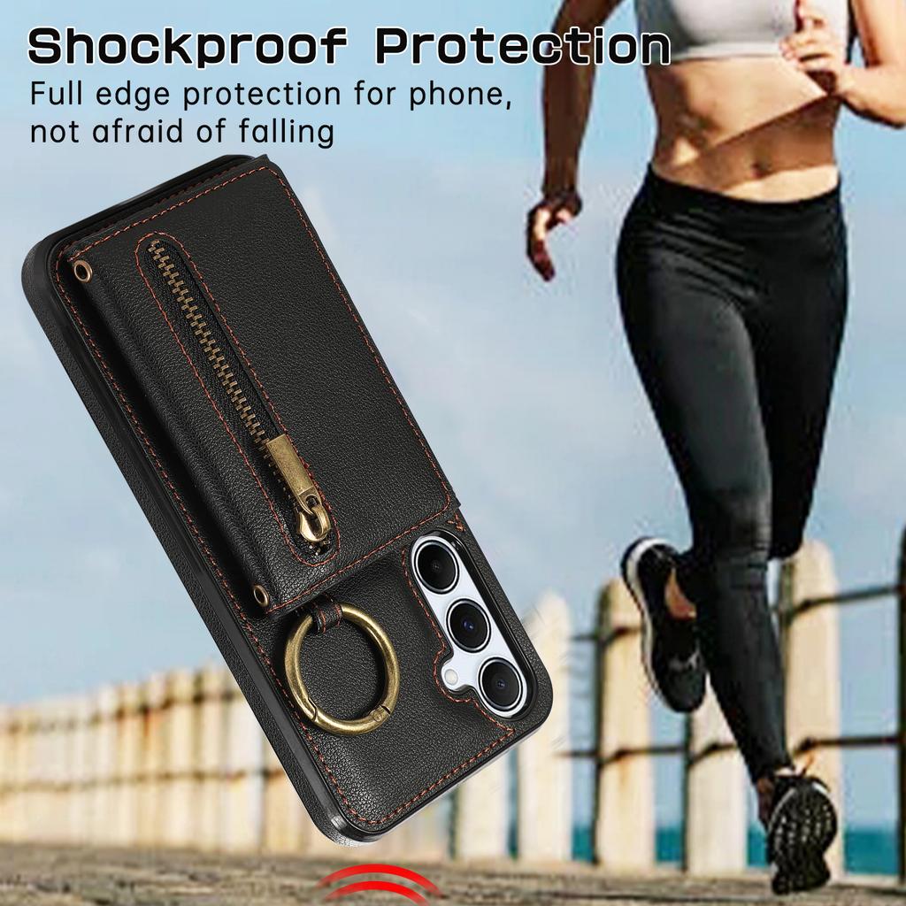 For Samsung Galaxy S25/S24 Leather Back Cover Zipper Wallet Kickstand Phone Case with Shoulder Strap