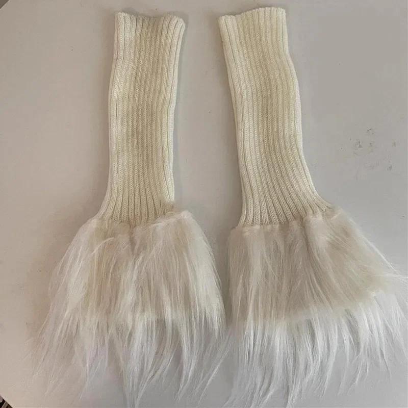 

Lolita Warm Sweet Stockings Furry Black White Boot Cover Socks Plush Knitting Leg Warmers Women Winter Long Faux Fur Stocking One Size