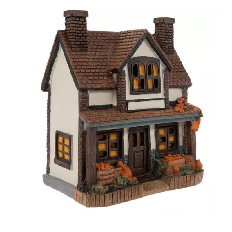 Lighted Pumpkin House Figurine Resin Cottage Statue Warm LED Lighted Decoration for Fall Table Centerpieces, Shelf Decors and Seasonal Home Display