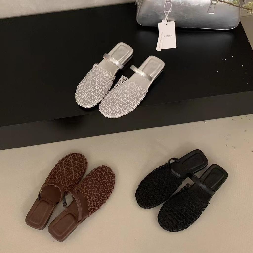 French fishing net surface bag head half slippers women's summer wear 2025 new with skirt niche flat bottom fisherman cool slippers