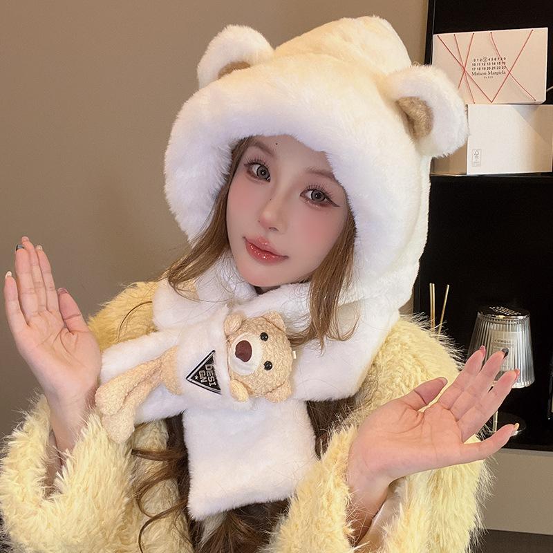 Bear Ear Hat Scarf Integrated for Women's Autumn and Winter Korean Version Versatile Cute Hooded Plush Warm Hat Trendy Lei Feng Hat