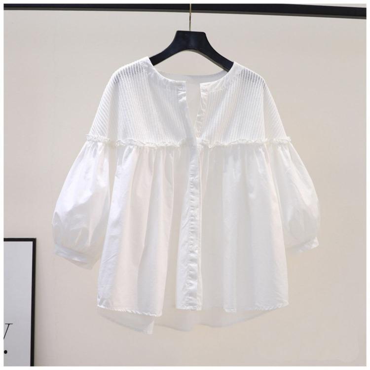 

Милый кукольный воротник, розовая вязаная лоскутная рубашка с рукавами-фонариками, женская свободная блузка L белый