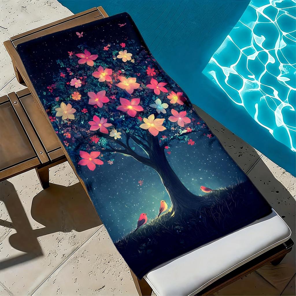Dreamy forest with floral patterns polyester microfiber beach towel is highly absorbent, suitable for swimming and beach outings