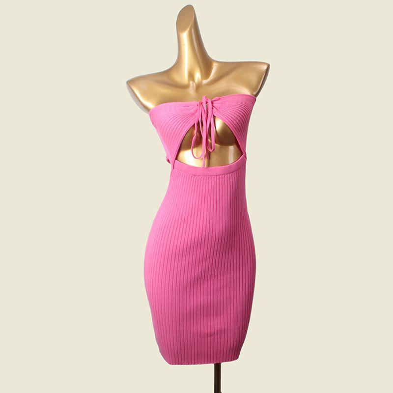 

Fashion Wind Sexy Low-Cut Bodycon Dress Foreign Trade Original Order Shoelace Pure Color Knitting Tube Top Dress Pink S