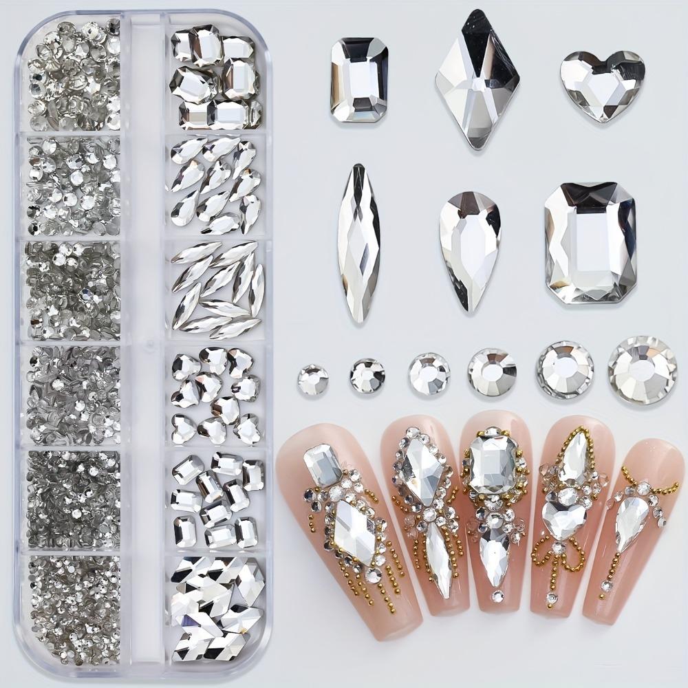 Get Your Nails Dazzling with 12-Grid White Flat-Bottom Rhinestones in Various Cute Shapes and Sizes!