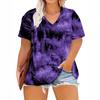 2025 Women's Plus Size Tie-Dye V-Neck Short-Sleeve Top - Purple, Red & Gray