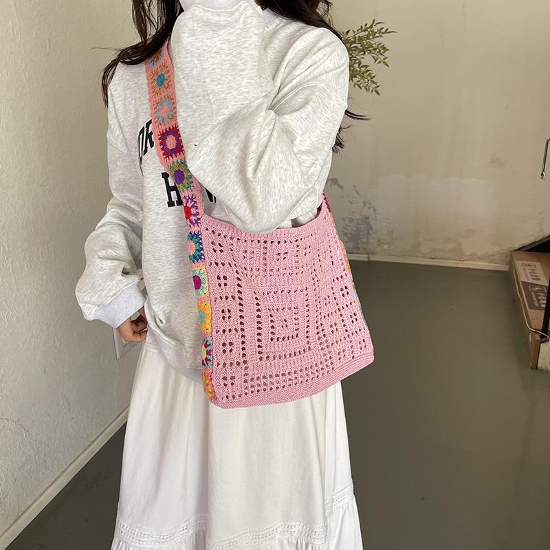Vintage Hollow Crochet Shoulder Bag – Women's Knit Hobo Bag with Floral Embroidered Strap – Large Casual Tote for Beach Commute