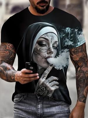 Camiseta Gráfica 3D para Hombre - Camiseta Casual Negra de Verano con Diseño de Monja Fumadora Mangas Cortas Polié