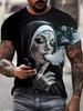 Men's 3D Graphic T-Shirt - Black Casual Summer Tee with Smoking Nun Design Short Sleeves Polyes