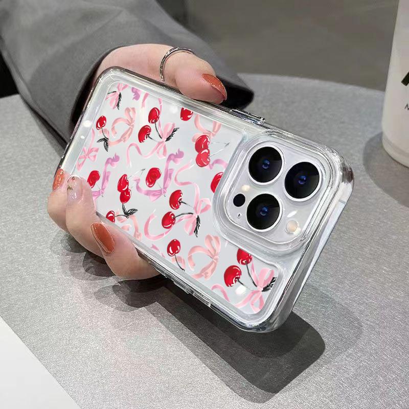 Luxury Shockproof Soft Clear Phone Case For iPhone 16 15 14 13 12 11 Pro Max XS XR 7 8 Plus SE 2020 Cherry Bowknot Pattern Cover