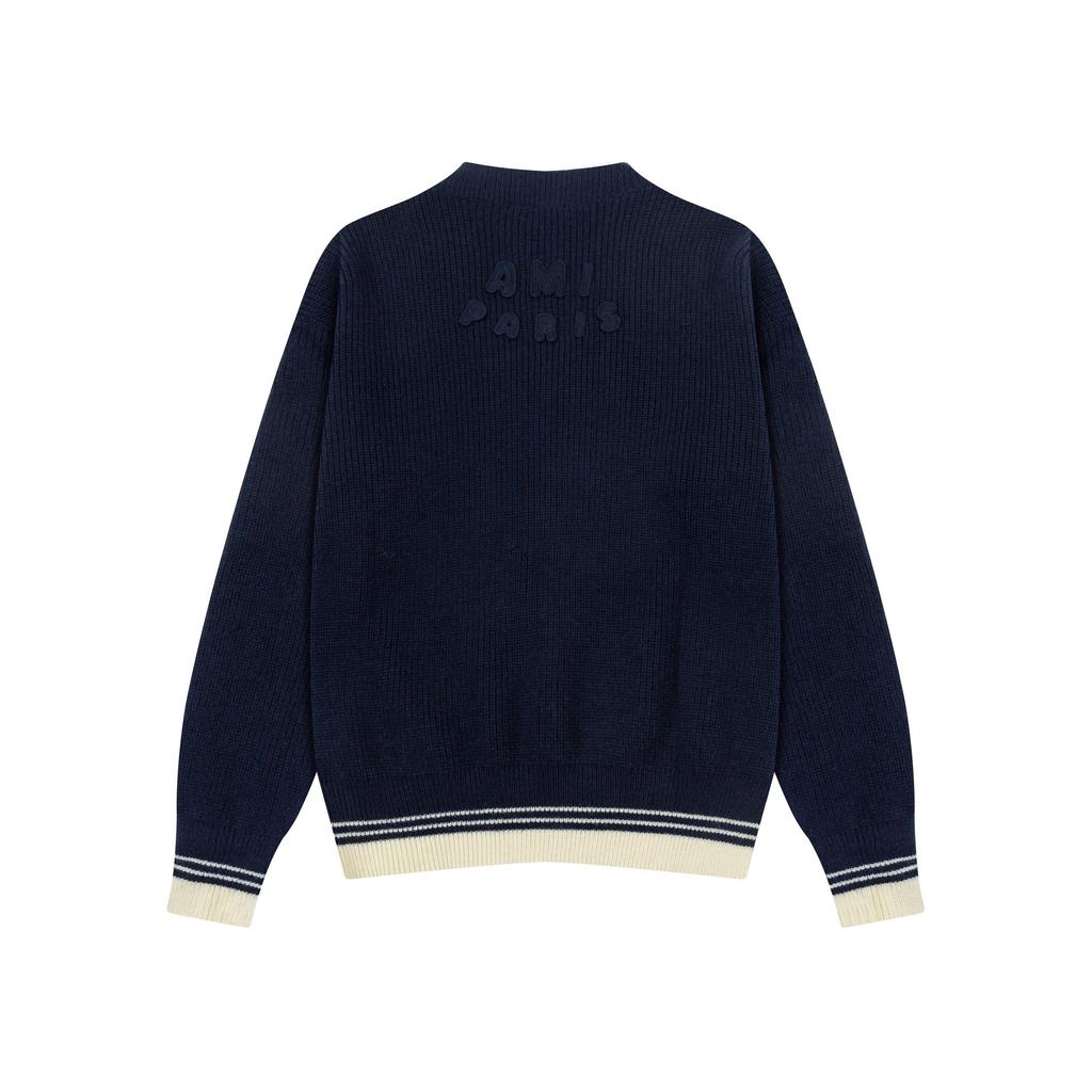 AMI New Autumn and Winter Knitted Striped V-neck Pullover, Long Sleeved with Heart-shaped Text Logo, Knitted Sheep Sweater Jacket