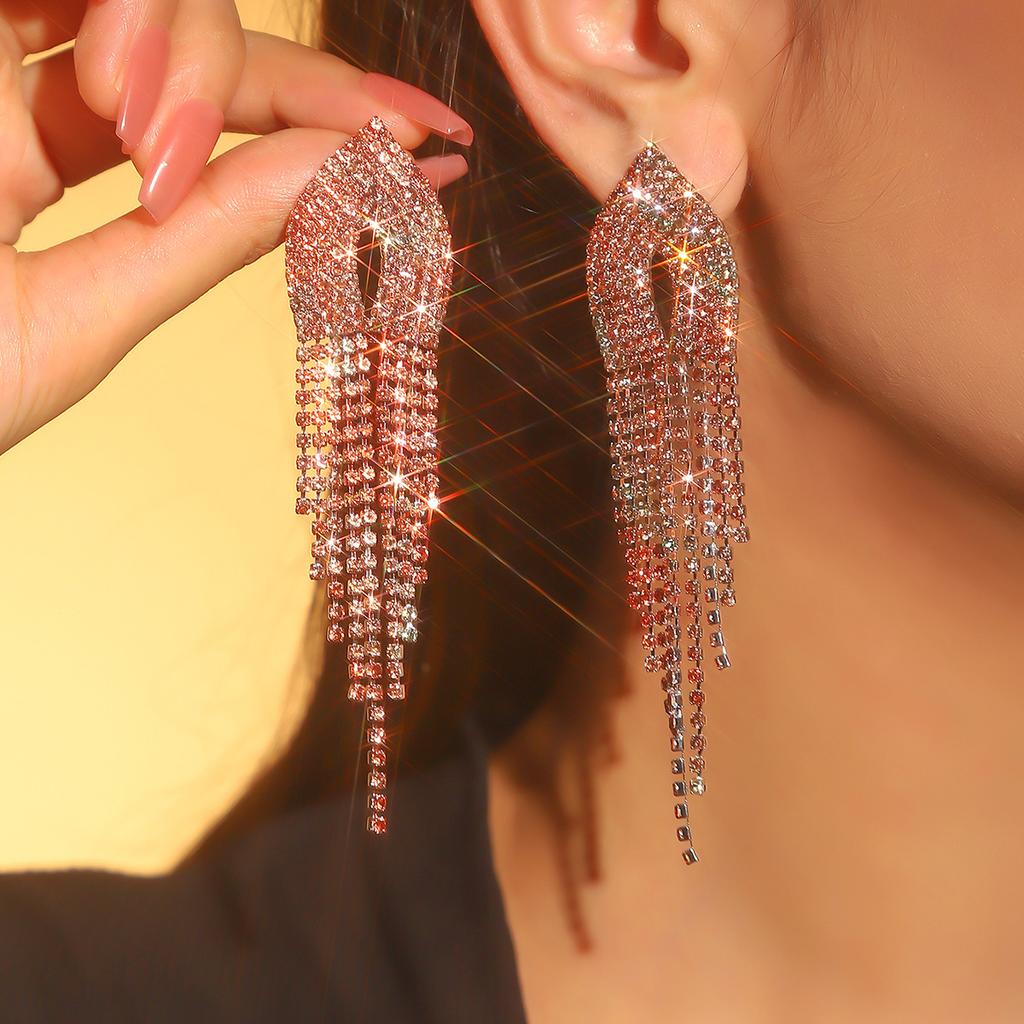 Temperament Color Shiny Rhinestone Long Earrings