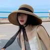 Elegant Long Black Ribbon Straw Hats For Women Foldable Wide Brim Panama Beach Hat Female Fashion Holiday Photo Props Sun Caps