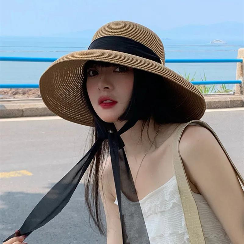 Elegant Long Black Ribbon Straw Hats For Women Foldable Wide Brim Panama Beach Hat Female Fashion Holiday Photo Props Sun Caps