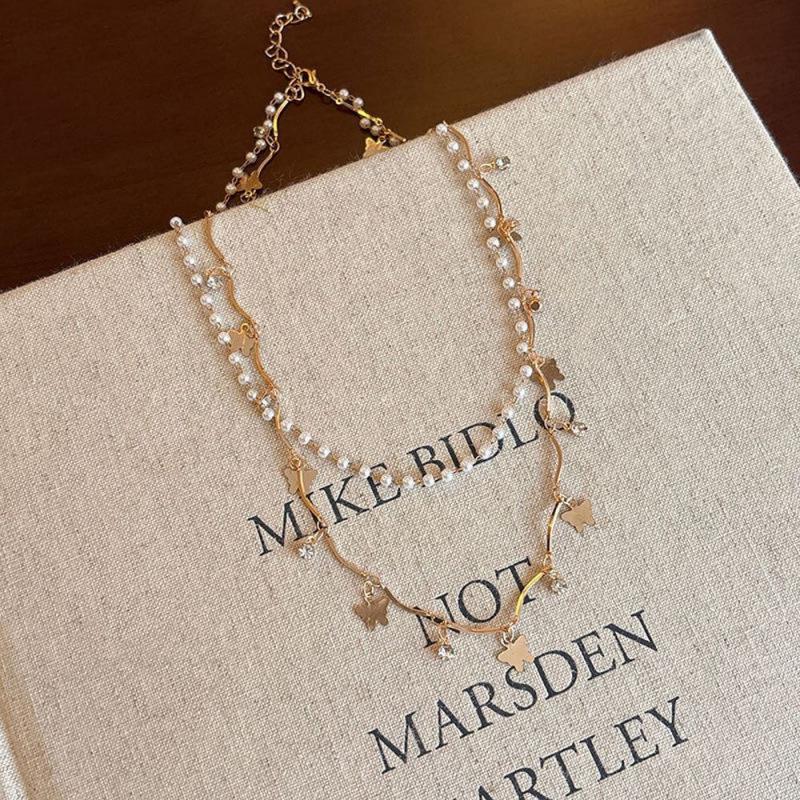 Korean Style Double Layer Pearl Gold Butterfly Necklace - Luxury Simple Sweater Chain