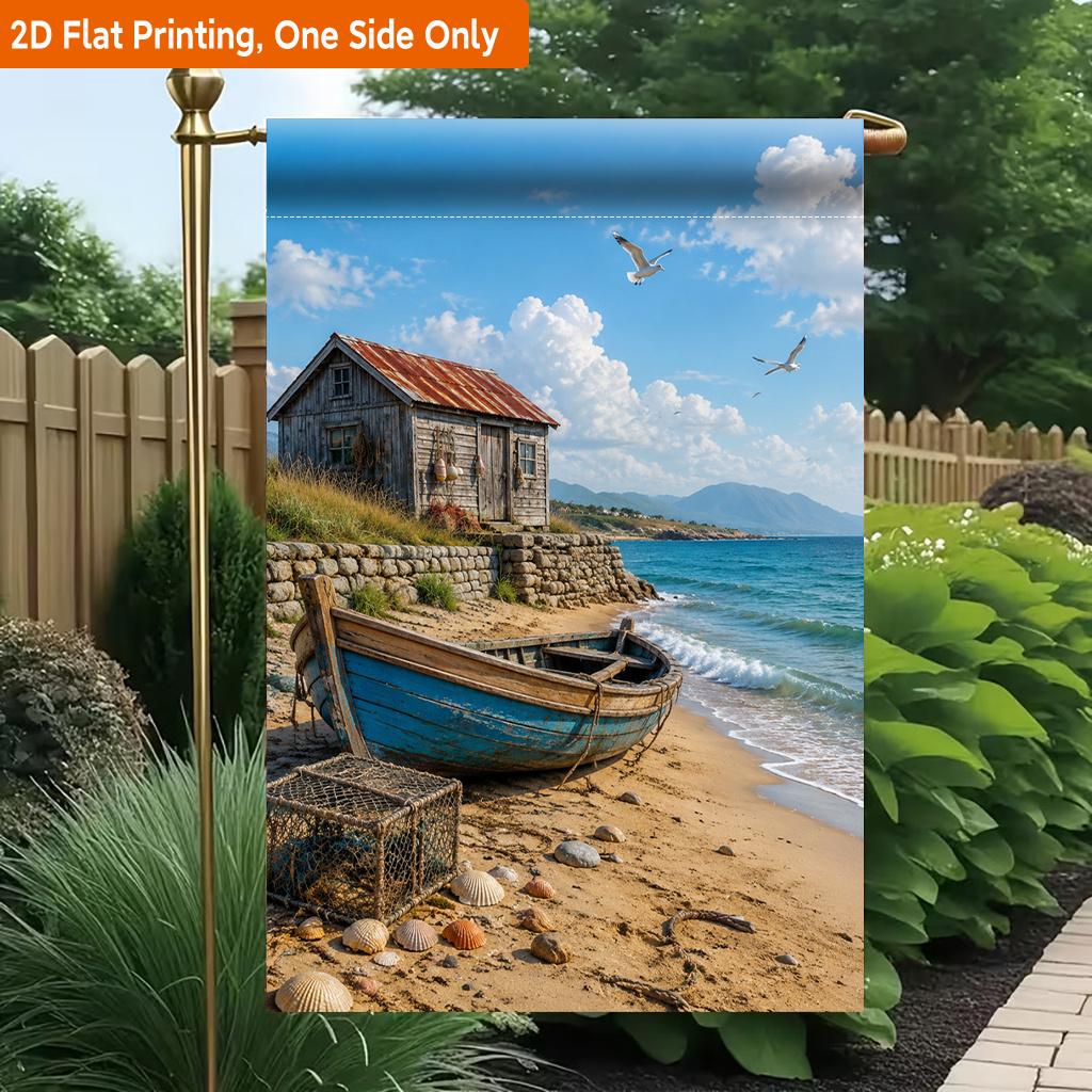 2D Flat - 2D Flat Printing Garden Flag 1pc, Seaside Cottage Boat View Durable Single-Sided Print Yard Flag, Garden & Home Holiday Decoration, 29.97X44