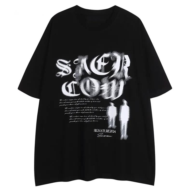 

Harajuku Oversized Men Tshirt Streetwear Shadow Letter Graphic Print Punk Goth TShirt Hip Hop 2024 Loose Short Sleeve Shirt Top S