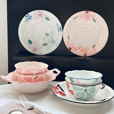 Flowering Japanese Tableware Underglaze Color Ceramic Bowl Restaurant Household Plate High Value Binaural Bowl Straw Hat Plate