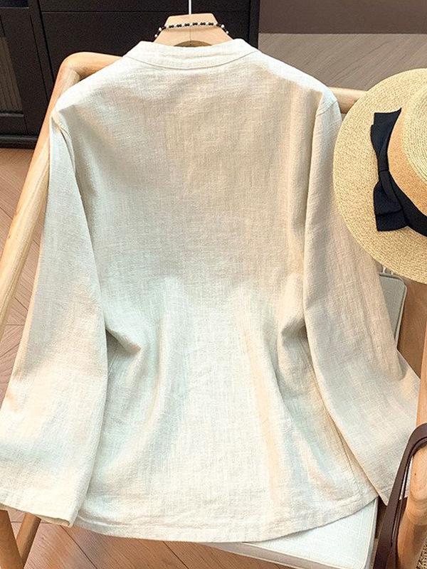 T-shirt da Donna Retro in Cotone e Lino con Bottoni a Rana e Collo Alto - Manica Lunga Estiva, Vestibilità Ampia Modellante, Taglie Forti.
