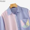 ZANZEA Womens Turn Down Collar Short Sleeve Patchwork Stripe Blouse