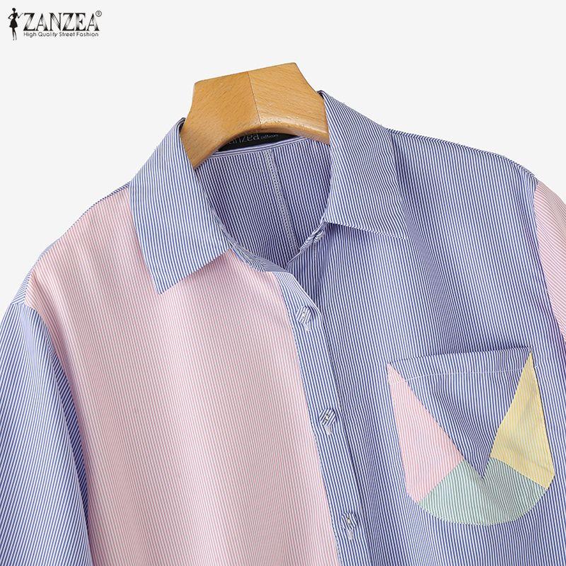 ZANZEA Womens Turn Down Collar Short Sleeve Patchwork Stripe Blouse