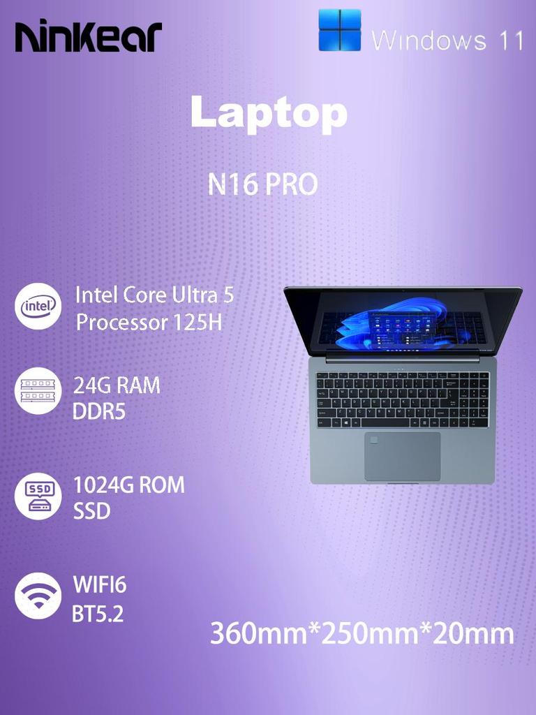 Laptop Ninkear N16 PRO 16'' 24G+1T SSD Intel Core Ultra 5 Processor 125H 2560x1600 120Hz Refresh Rate