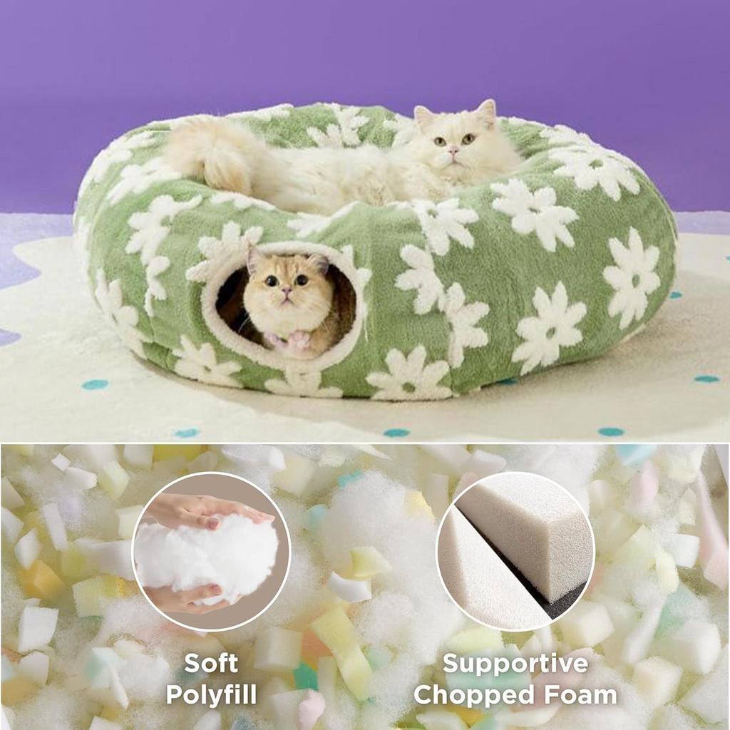 Cat Bed Tunnel Washable Soft Plush Cave With Ball Flower Design Interactive Cat Donut Tunnel For Crawling Scratching Teething