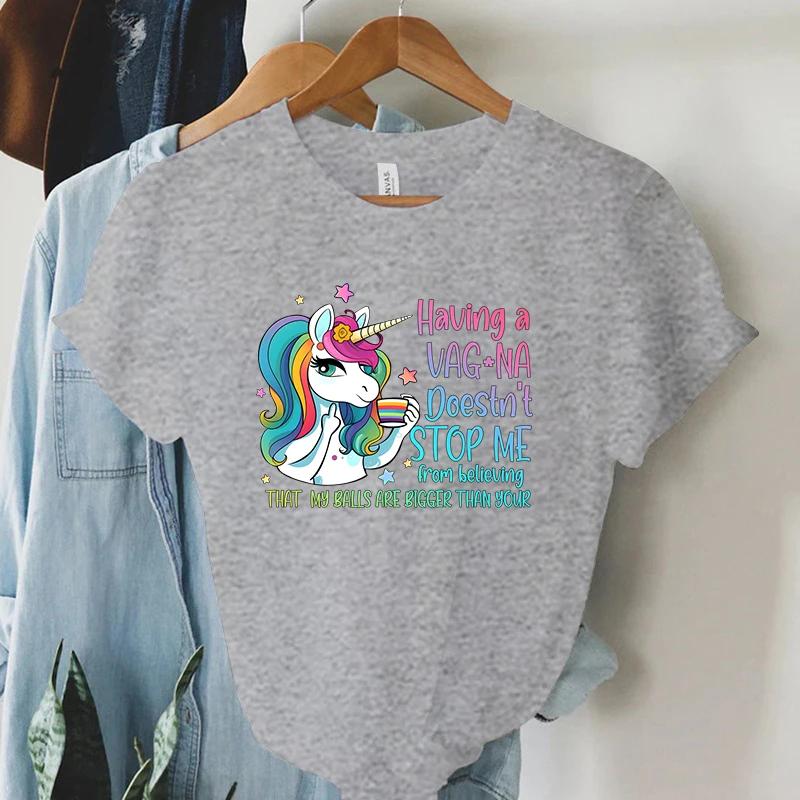 Rainbow Unicorn T Shirt Funny Cartoon Tops Summer Women Streetwear Y2K Aesthetic T Shirts Grunge Harajuku Tee Shirt Female