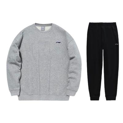 Li Ning Solid Color Crew Neck Pullover Sweatshirt And Cuffed Fleece Sports Pants Set Men Sweatshirt And Pants Set Gray Black AWDT615-2+AKLSC99-1