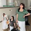 Large Size Women's Clothing Square Neck Contrasting Striped Knitted Sweater Summer and Korean Version Thin Short-sleeved T-shirt 212101
