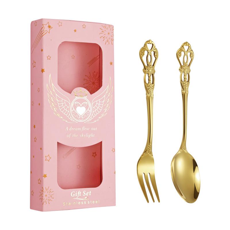 Stainless Steel Spoon Fork Two-piece Cutlery Gift Box Retro Coffee Spoon and Fork Set with Hand