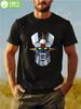 1pc Men's Heavyweight 100% Cotton Robot Graphic T-Shirt - Black with Blue & Red Robot Print