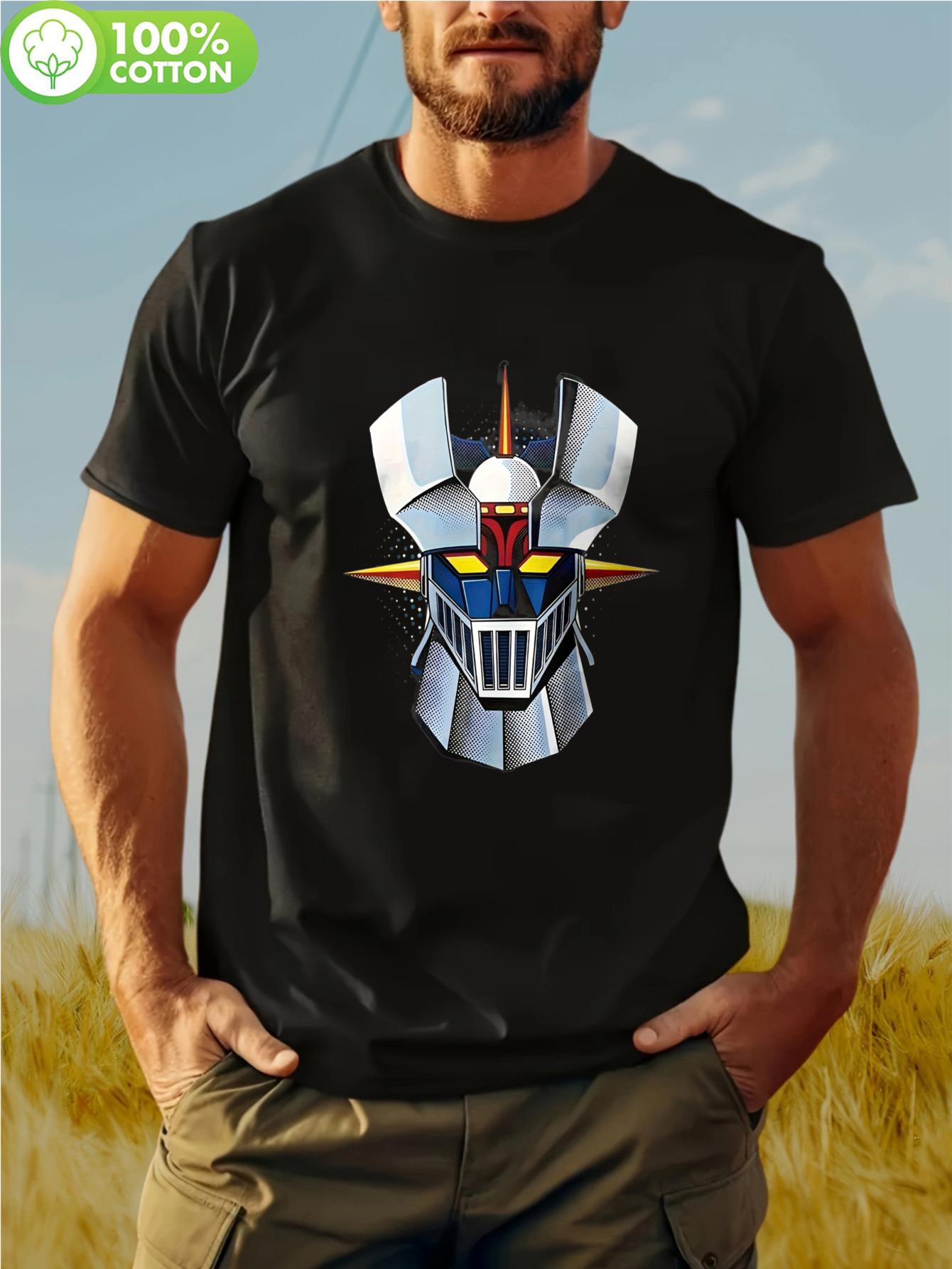 

1pc Men s Heavyweight 100% Cotton Robot Graphic T-Shirt - Black with Blue & Red Robot Print M