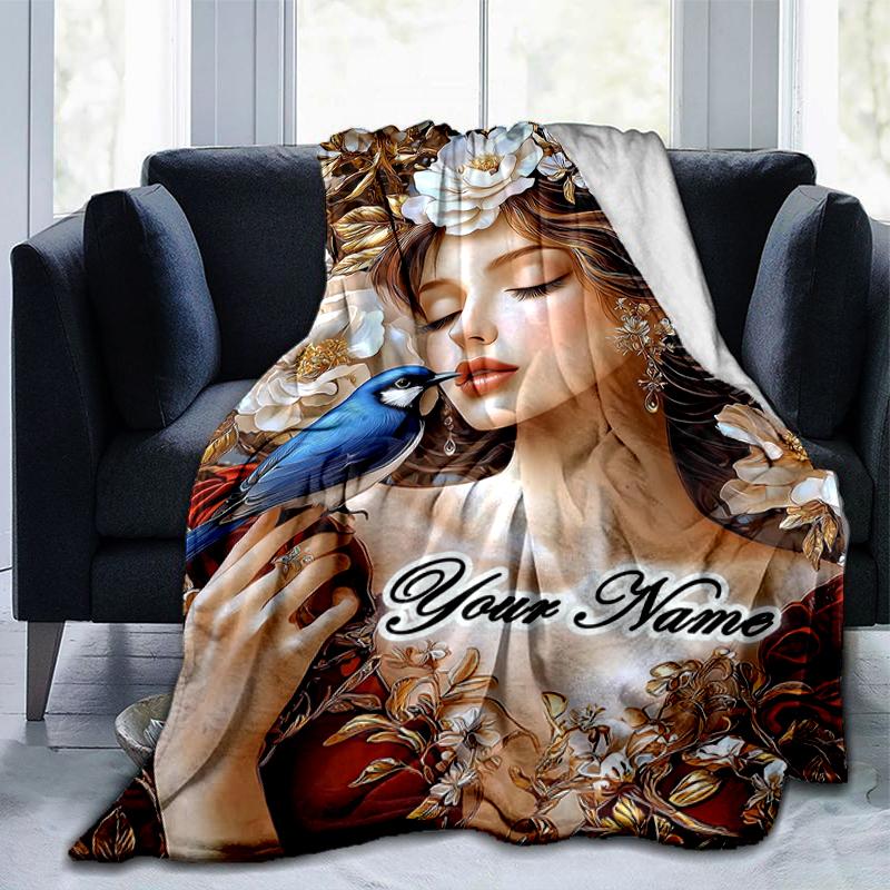 1PC Custom Name Floral Fantasy Bird Flannel Blanket Versatile,all-season Throw Suitable for the Living Room,bedroom,camping,travel,and Gift