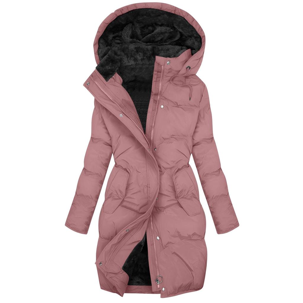 Women's Fashion Solid Color Long Sleeved Hooded Long Zipper Cotton Jacket Warm Coat Down Jacket