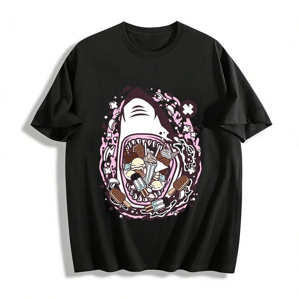 

Funny Shark Ice Cream Print Tee Unisex Trendy Casual Top Pure cotton T-shirt XXS