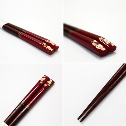 Ishida Japanese Chopsticks, Gold-plated, Lucky Cat Design, Lacquered, Natural Wood, Red, 21cm, 10190
