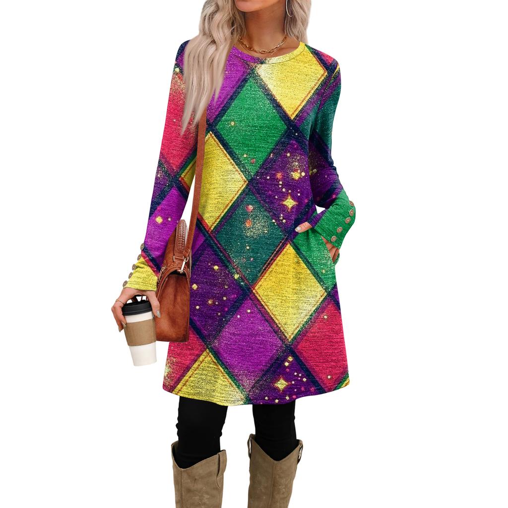 Women's Fashion Casual Dress With Pockets, Decorative Buttons, Carnival Prints, Round Neck And Long Sleeves