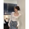 U-neck Threaded Long-sleeved T-shirt Women's Spring Pure Sexy Short Inner Tight Fitting Slim Base Shirt Top