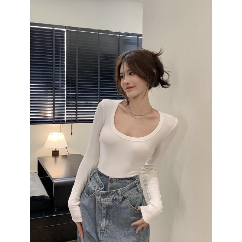 U-neck Threaded Long-sleeved T-shirt Women's Spring Pure Sexy Short Inner Tight Fitting Slim Base Shirt Top
