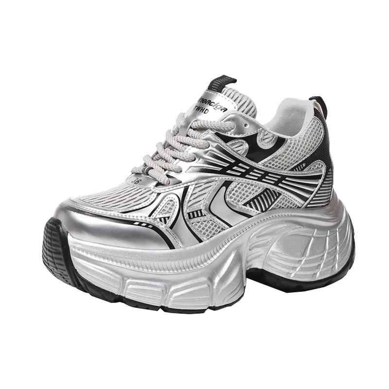 Fashion 8cm Air Mesh Summer Microfiber Genuine Leather Loafer Fashion Comfy Chunky Sneakers Women Vulcanize Platform Wedge Shoes