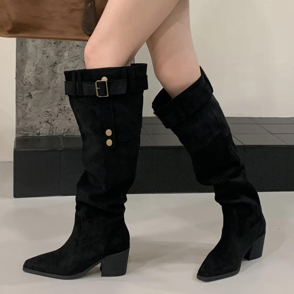 Fashion Eilyken Winter Designer Belt Buckle Women Knee High Boots Fashion Pointed Toe Square Heels Long Booties Largas Mujer