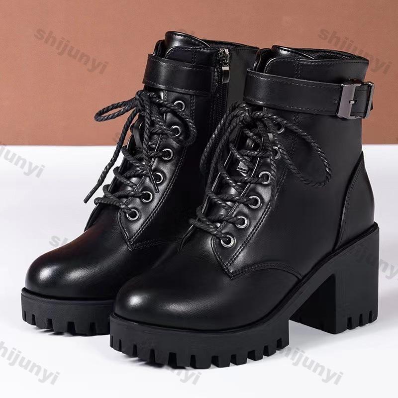 Mode Damen Schnürstiefeletten Damen Wintermode Schnallenriemen Plateau Kampfstiefel Kurzstiefel Frau Dickes Plüsch PU-Leder Botas Mujer