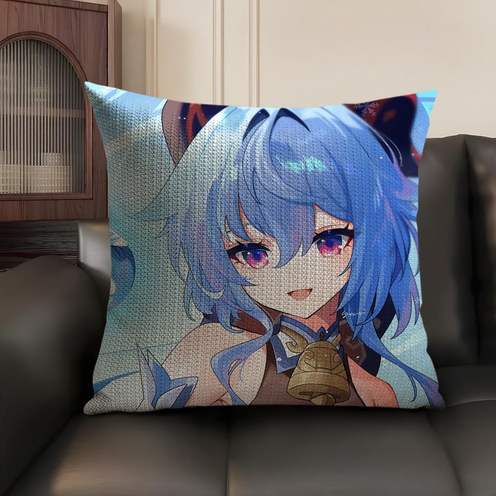 Cute Ganyu Genshin Impact Cushion Cover Natural Linen Organic Fabric DoubleSided Printing Sofa Home Decor Gift Pillow Case