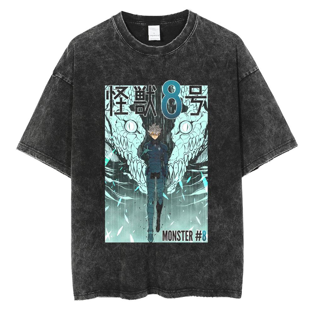 Japan Anime Kaiju No. 8 Cool Print T Shirt Men Women Vintage Washed Cotton Tshirts Oversized T-shirt Harajuku Male Y2k Tee