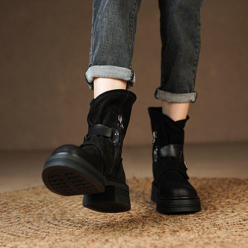 Brand Heavy British Retro Genuine Leather Lace-Up Martin Boots, Chunky Mid-Heel Ankle Design for Women