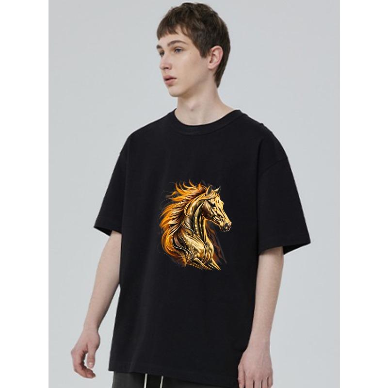 Black T Shirt With Golden Horse Print For Casual Wear