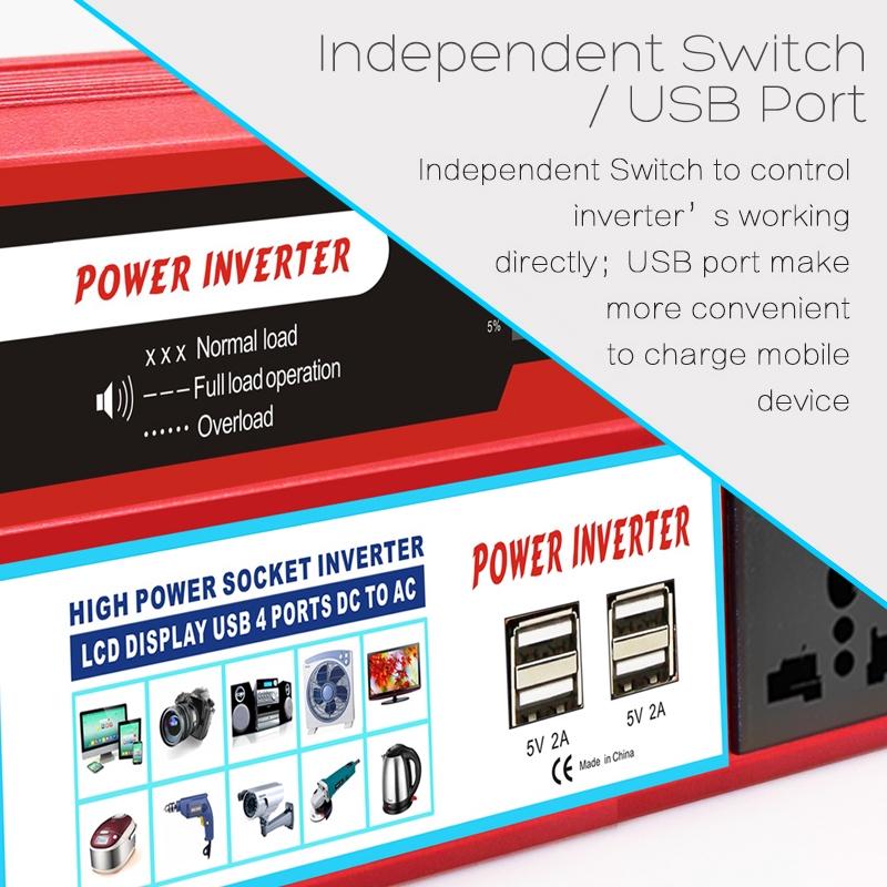 Car Solar Power Inverter 4USB LCD Display Charger Converter Modified Sine Wave Transformer 6000W DC 12/24V to AC 220V