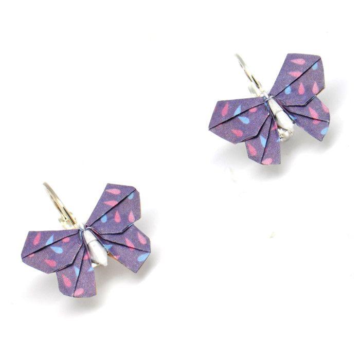 Boucles d'oreille papier Origami Papillon Violet goutte